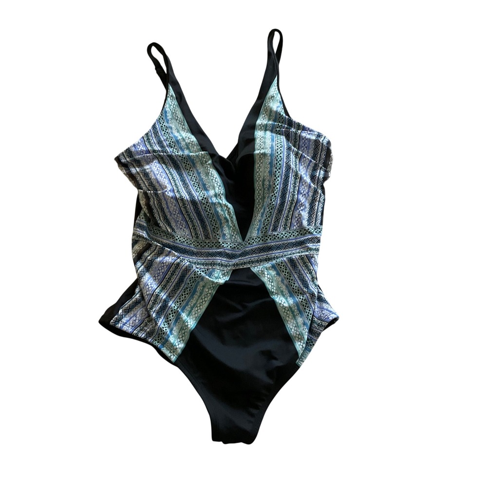 Embrace Your Curves‎ One Piece Swimsuit Women 1X Black Blue Tribal Geometric